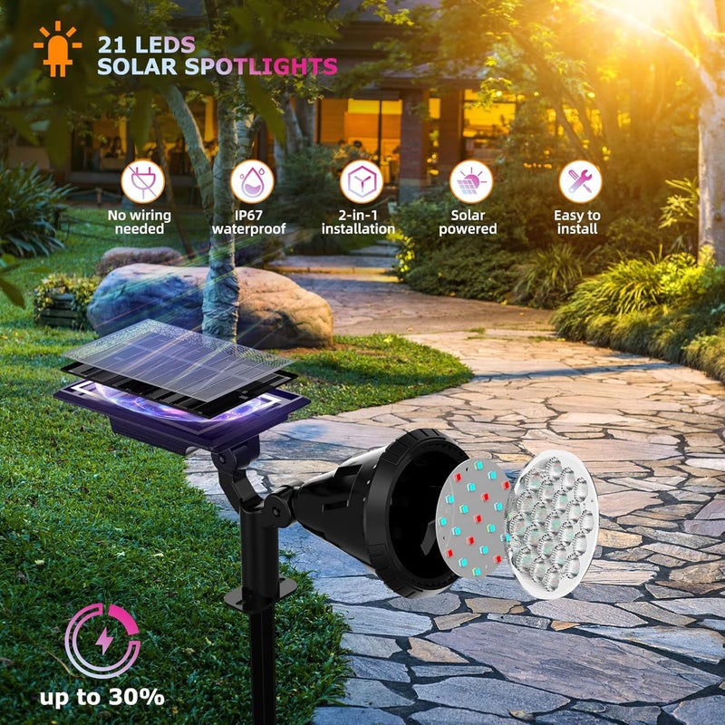 XTGTP Solar Color Spot Lights Outdoor, 21 LEDs Color Changing Outdoor Lights, IP67 Waterproof RGB Multicolor Yard Solar Spotlights Auto On/Off for Pathway Garden Pool Patio Tree - Image 2